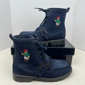 Polo Ralph Lauren Ranger Hi II Navy Polo Bear Leather Boots Size 5 Junior